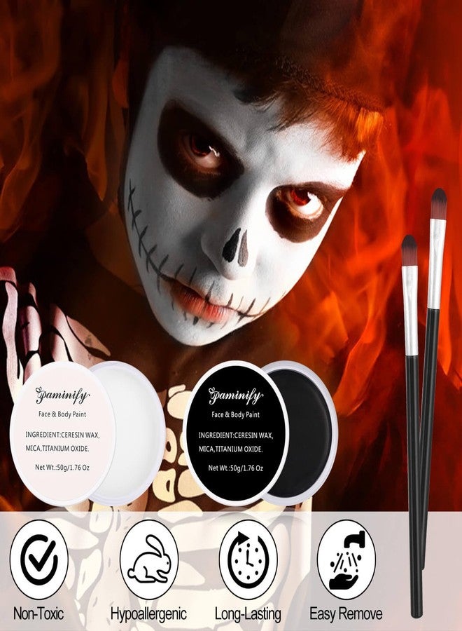 Paminify Black and White Face Paint,Halloween Face Painting for Adults and Kids,Oil Based White Body Paint with 2 Brushes for Clown Zombie Vampire Skeleton Cosplay,100g/3.53 oz - Image 2