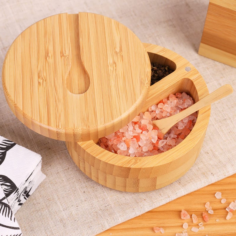 HTB Bamboo Salt and Pepper Bowls, Divided Salt Cellar With Swivel Lid and Spoon, Seasoning Containers With Magnetic Lid to Keep Dry, Mini Spoon Built Into Top, Great When You May Have Messy Hands - Image 3