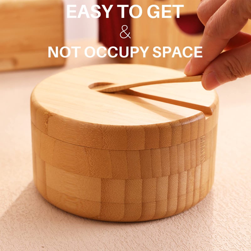 HTB Bamboo Salt and Pepper Bowls, Divided Salt Cellar With Swivel Lid and Spoon, Seasoning Containers With Magnetic Lid to Keep Dry, Mini Spoon Built Into Top, Great When You May Have Messy Hands - Image 4