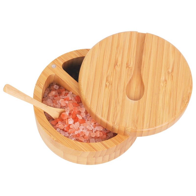HTB Bamboo Salt and Pepper Bowls, Divided Salt Cellar With Swivel Lid and Spoon, Seasoning Containers With Magnetic Lid to Keep Dry, Mini Spoon Built Into Top, Great When You May Have Messy Hands - Image 1
