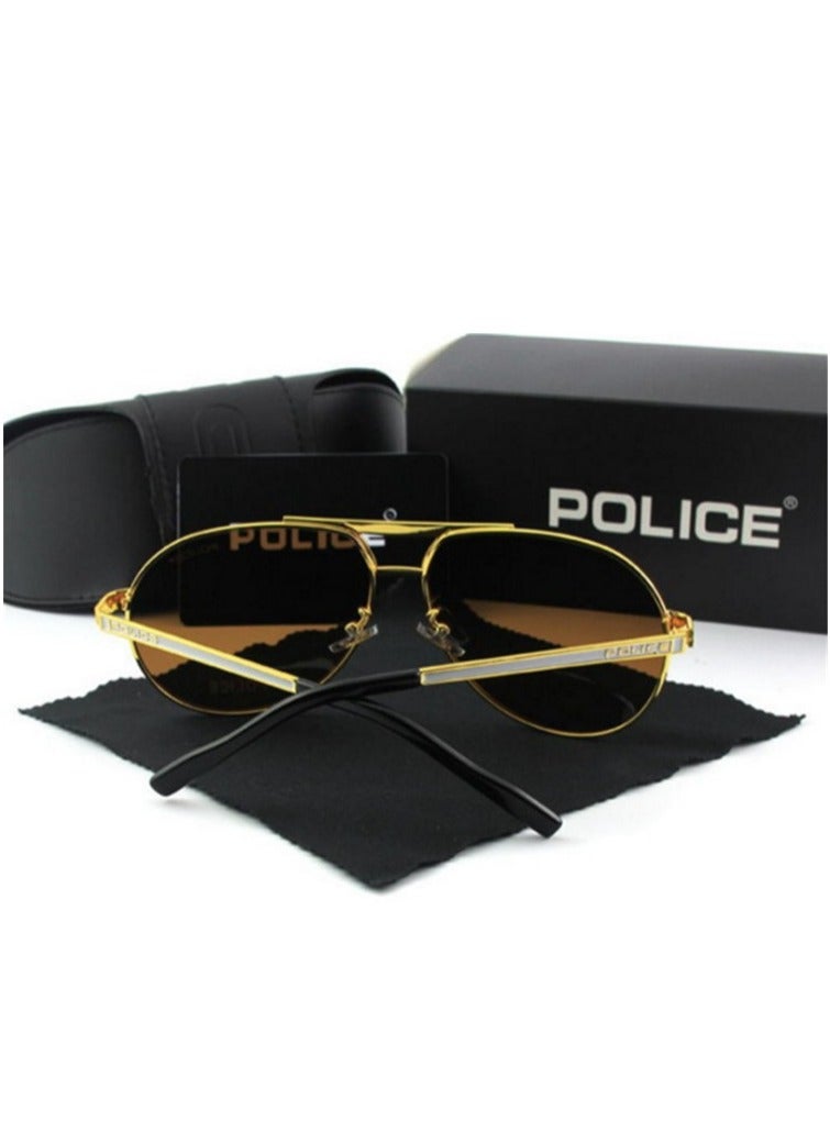 POLICE Pilot Polarized Lens Sunglasses,Cycling Sunglasses, Tea Lenses with Gold Frames - Image 3