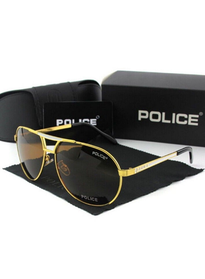 POLICE Pilot Polarized Lens Sunglasses,Cycling Sunglasses, Tea Lenses with Gold Frames - Image 1