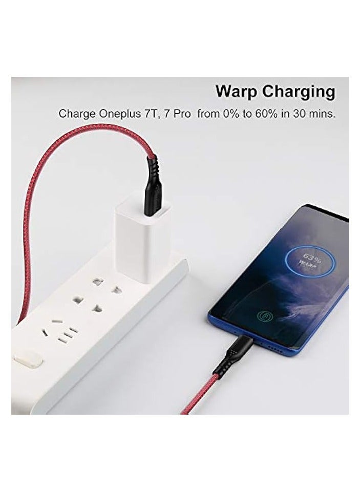 فاسجير كابل Warp Charge 30W لـ Oneplus 7 Pro 7T، حزمة واحدة بطول 6 أقدام / 1.8 متر كابل شحن USB C شحن سريع من النايلون المضفر لمزامنة البيانات USB من النوع C لـ Oneplus 7 6T 6 5T 5 3T (6 أقدام، أحمر) - Image 2