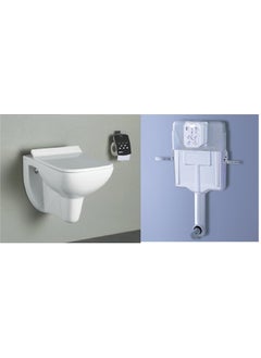 Bherunath Combo of Wall MountedWall Hung Western ToiletCommodeEWC Square with Soft Close Slim Seat Cover and 80mm Thick Dual Flush Concealed CisternFlush Tank with Push Flush Plate White