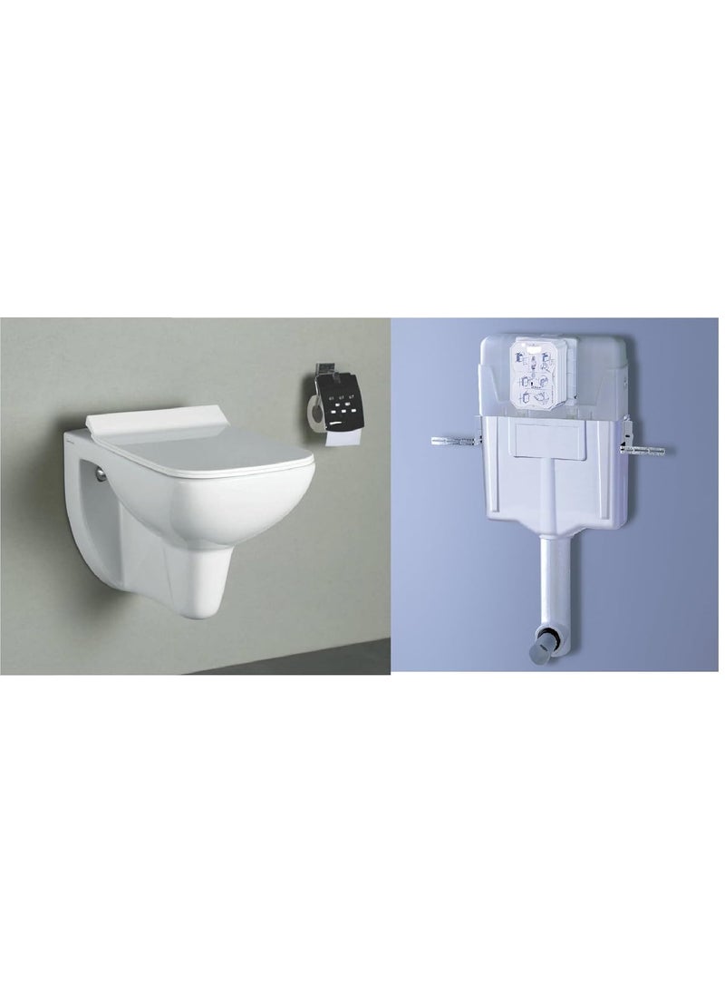 Bherunath Bherunath Combo of Wall MountedWall Hung Western ToiletCommodeEWC Square with Soft Close Slim Seat Cover and 80mm Thick Dual Flush Concealed CisternFlush Tank with Push Flush Plate White  - Image 1