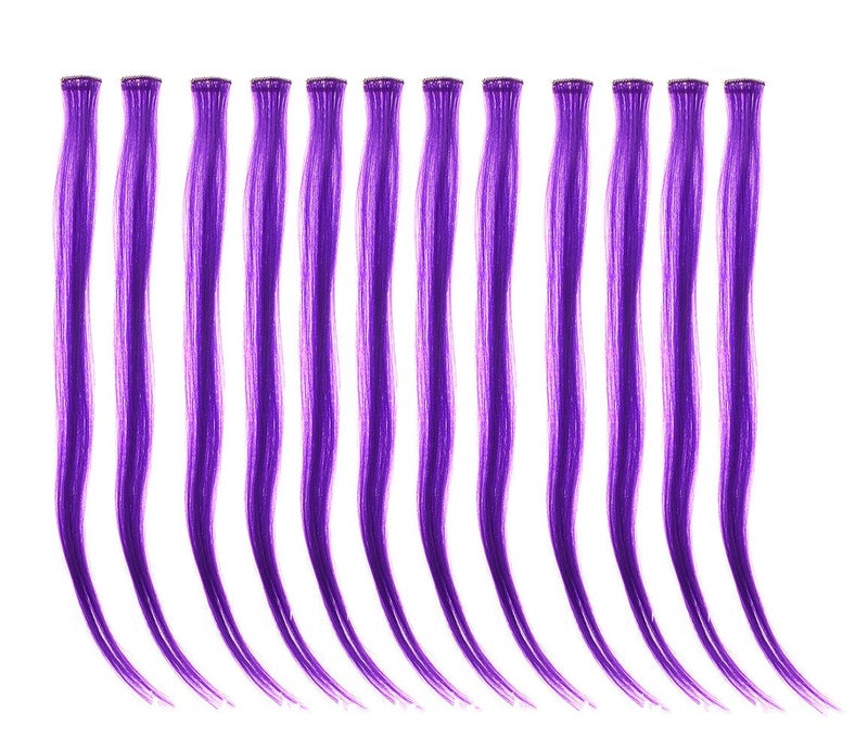 SWACC 12 Pcs Straight One Color Party Highlights Clip on in Hair Extensions Colored Hair Streak Synthetic Hairpieces Purple
