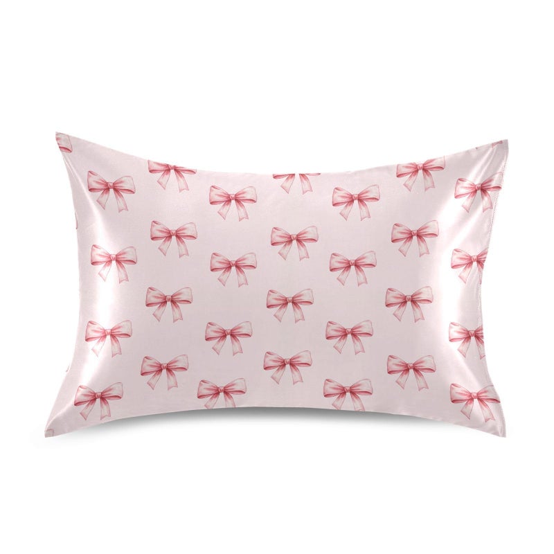 KOPIRIT Pink Ribbon Bow Pillow Covers Silk Pillowcase for Hair and Skin Breathable Soft Satin Pillowcase Standard Size Pillow Case for Hot Sleepers Bed Women 20x26 Inch - Image 1