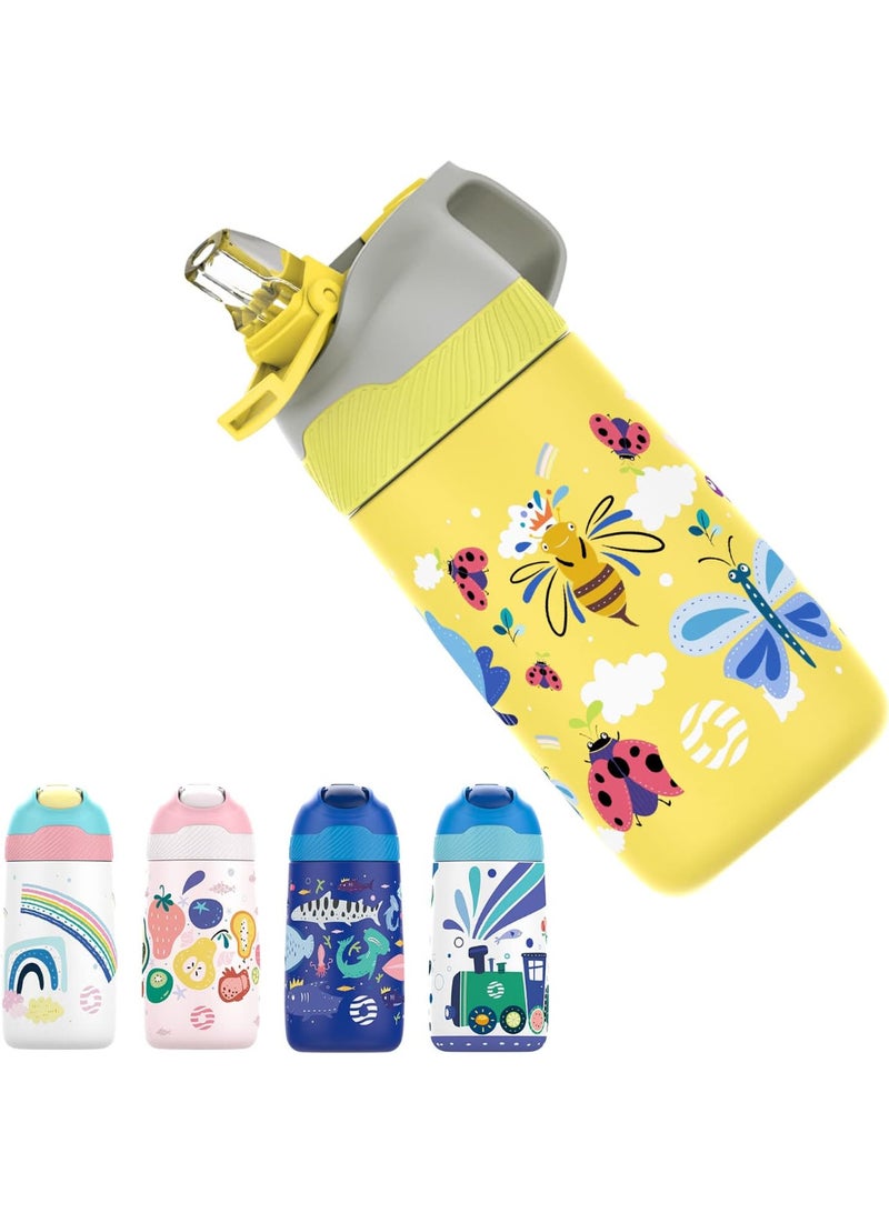 FjBottle Kids Stainless Steel Water Bottles with Straw, 12 oz Leak Proof Insulated Water Bottle Double Wall Keep Hot Cold Drinks Thermos Toddler Bottle with Handle BPA-Free for School - Image 1