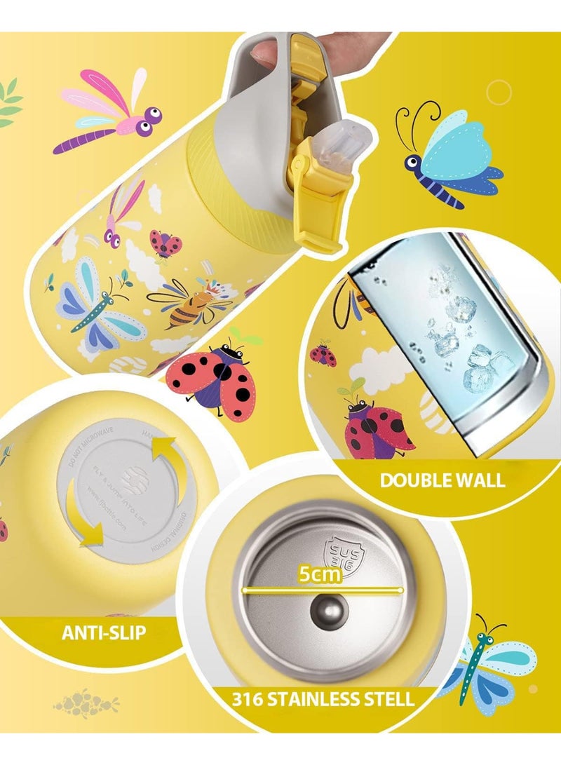 FjBottle Kids Stainless Steel Water Bottles with Straw, 12 oz Leak Proof Insulated Water Bottle Double Wall Keep Hot Cold Drinks Thermos Toddler Bottle with Handle BPA-Free for School - Image 3