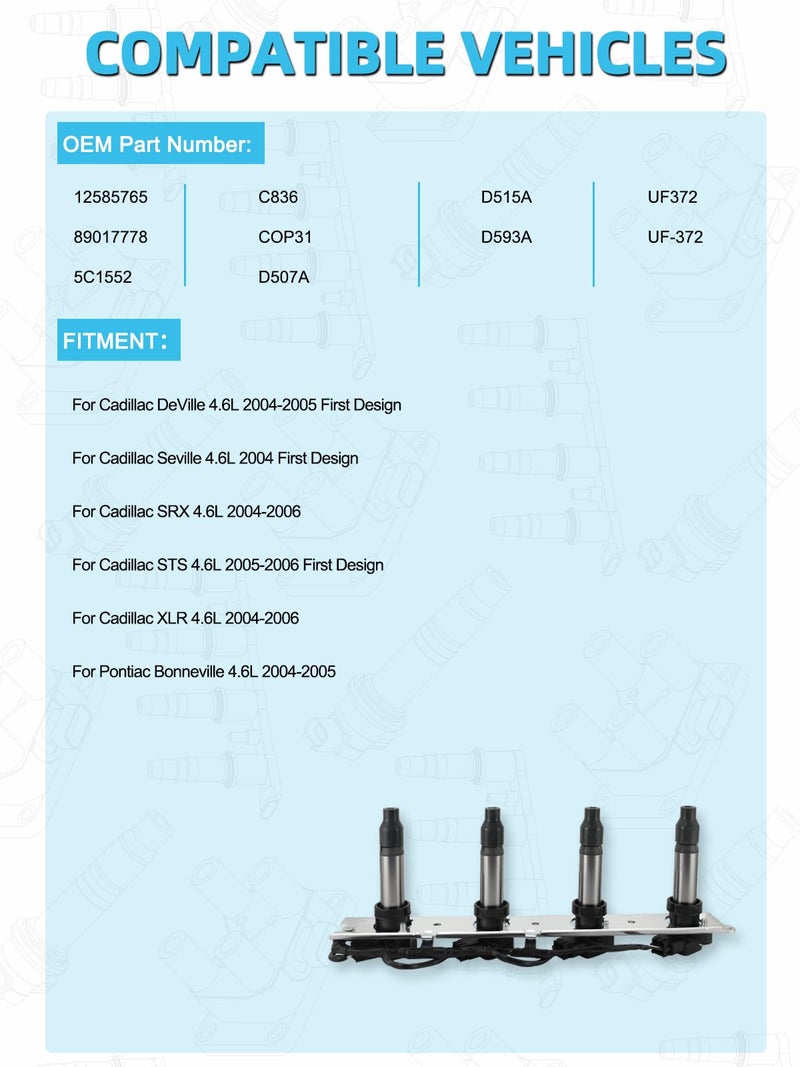 TAUTOY Set Of 2 UF372 Ignition Coil Pack (4.6L Only) 2004-2006 For Cadillac DeVille Seville SRX STS XLR,For Pontiac Bonneville 2004-2005, Replace # C1509 12585765 5C1552 89017778 - Image 5