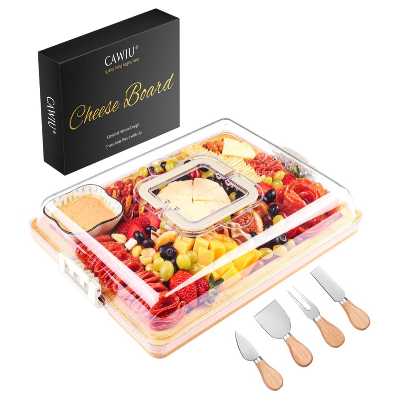 CAWIU Charcuterie Board with Lid and Handle - Portable Travel Design Bamboo Cheese Board Set with 4 Cheese Tools, Gift for Housewarming, Weddings, Picnics (1 Compartment, White) - Image 1