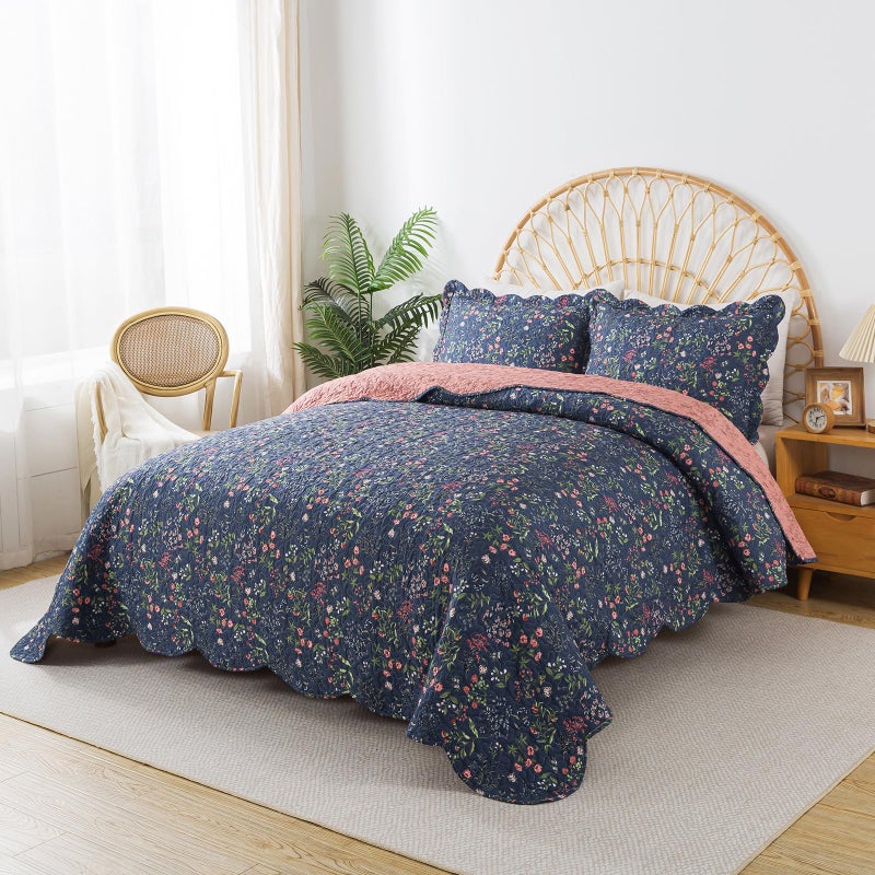 Travan 3-Piece Quilt Set Quilted Bedspread Lightweight Coverlet Set Garden Style Floral Printed Oversized Quilted Bedding Set for All Season, Blue Flower Sea, Queen Size - Image 2
