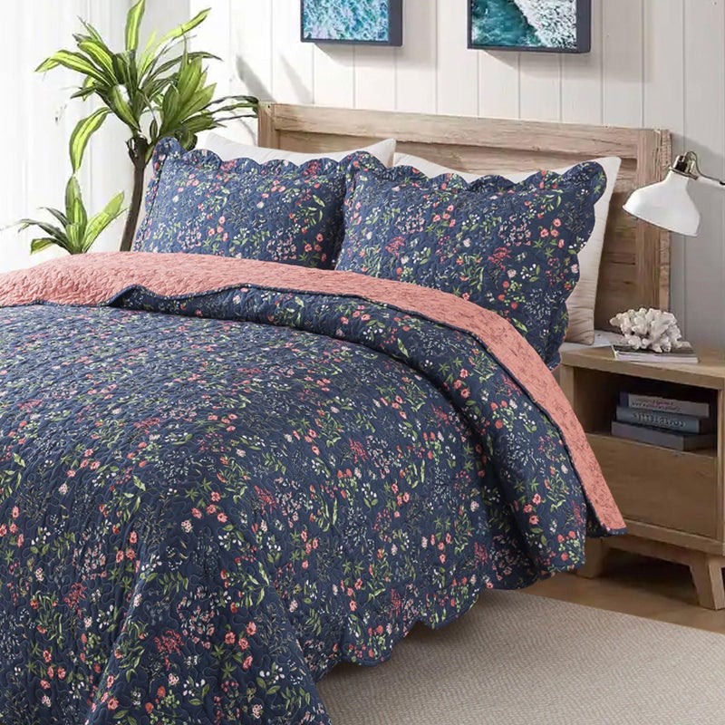 Travan 3-Piece Quilt Set Quilted Bedspread Lightweight Coverlet Set Garden Style Floral Printed Oversized Quilted Bedding Set for All Season, Blue Flower Sea, Queen Size - Image 3