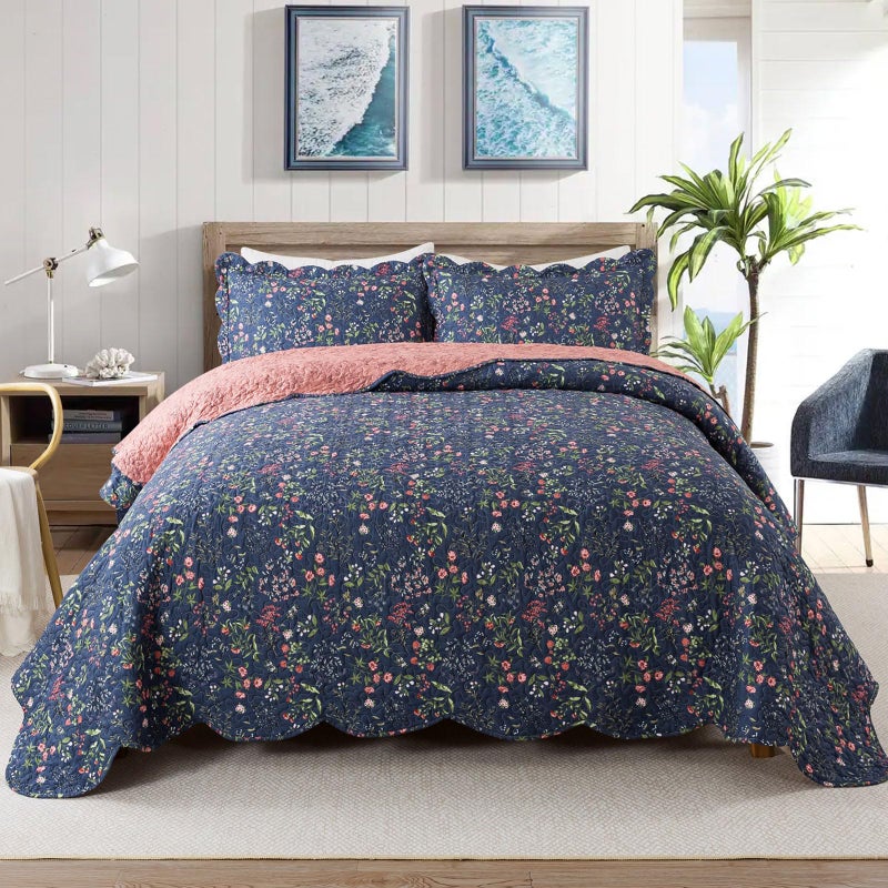 Travan 3-Piece Quilt Set Quilted Bedspread Lightweight Coverlet Set Garden Style Floral Printed Oversized Quilted Bedding Set for All Season, Blue Flower Sea, Queen Size - Image 1