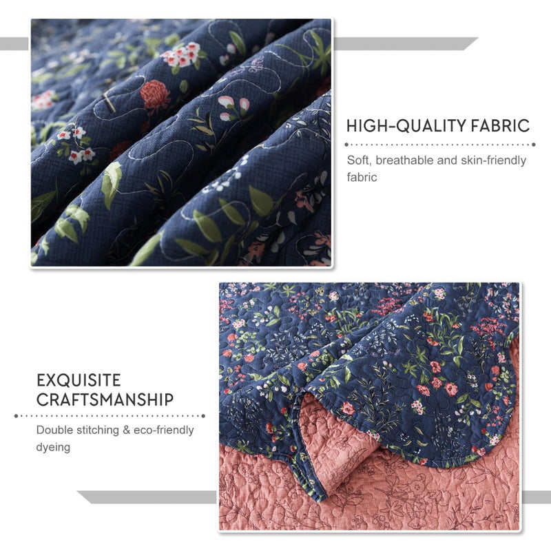 Travan 3-Piece Quilt Set Quilted Bedspread Lightweight Coverlet Set Garden Style Floral Printed Oversized Quilted Bedding Set for All Season, Blue Flower Sea, Queen Size - Image 4