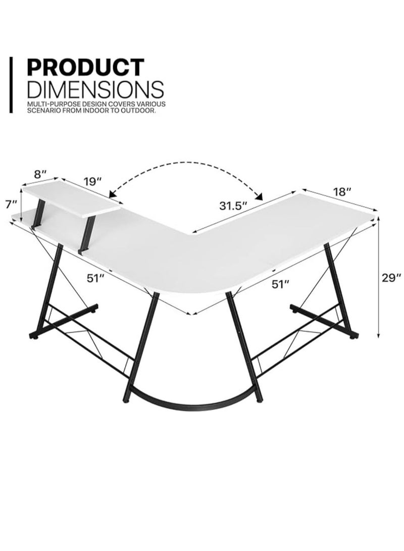 SKY-TOUCH 129 * 46 * 71cm L-shaped desk, Gaming desk,computer desk,  home office Office Desk with Round corner, large monitor stand workstation,Easy to Assemble White - Image 3