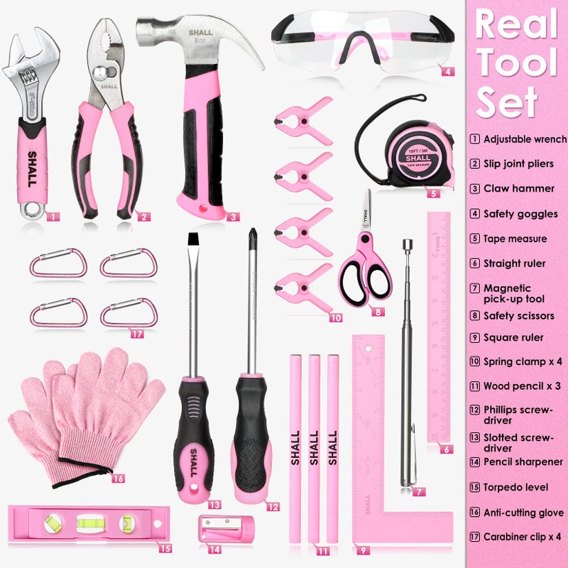 SHALL 26-Piece Kids Size Tool Set, Pink Real Tools for Kids with 12" Tool Bag, Safety Certified Children Learning Tool Kit with Hand Tools for Boys & Girls Age 6+, DIY Building, Woodwork, Construction - Image 4
