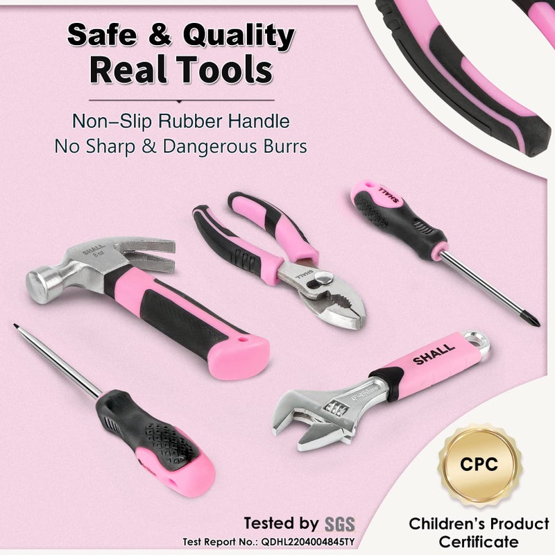 SHALL 26-Piece Kids Size Tool Set, Pink Real Tools for Kids with 12" Tool Bag, Safety Certified Children Learning Tool Kit with Hand Tools for Boys & Girls Age 6+, DIY Building, Woodwork, Construction - Image 2