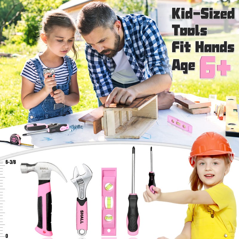 SHALL 26-Piece Kids Size Tool Set, Pink Real Tools for Kids with 12" Tool Bag, Safety Certified Children Learning Tool Kit with Hand Tools for Boys & Girls Age 6+, DIY Building, Woodwork, Construction - Image 3
