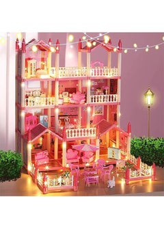 Beautiful home 4 Floors Huge Dollhouse Play Set with 14 Rooms 2 doll 2 Color Light Strips with Lights to Assemble Kitchen, Bedroom, Furniture, Garden,Pets DIY Pretend Play Doll House for Girls (Pink)  - Image 1
