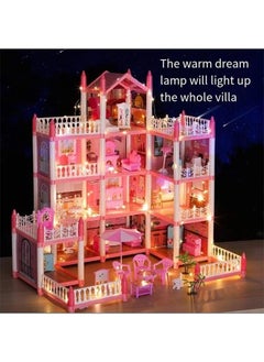 Beautiful home 4 Floors Huge Dollhouse Play Set with 14 Rooms 2 doll 2 Color Light Strips with Lights to Assemble Kitchen, Bedroom, Furniture, Garden,Pets DIY Pretend Play Doll House for Girls (Pink)  - Image 4