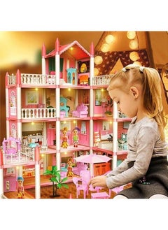 Beautiful home 4 Floors Huge Dollhouse Play Set with 14 Rooms 2 doll 2 Color Light Strips with Lights to Assemble Kitchen, Bedroom, Furniture, Garden,Pets DIY Pretend Play Doll House for Girls (Pink)  - Image 3