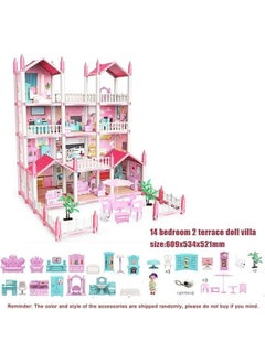 Beautiful home 4 Floors Huge Dollhouse Play Set with 14 Rooms 2 doll 2 Color Light Strips with Lights to Assemble Kitchen, Bedroom, Furniture, Garden,Pets DIY Pretend Play Doll House for Girls (Pink)  - Image 2