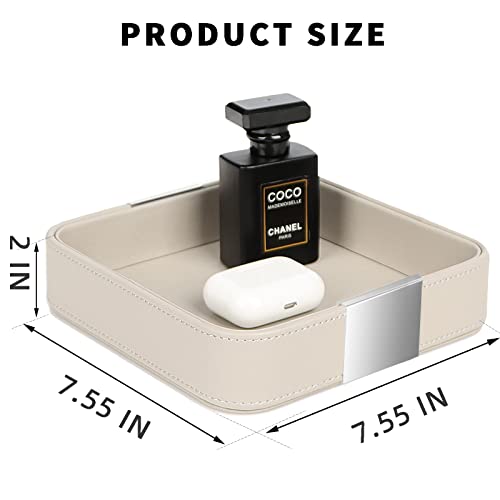SANZIE Luxury Leather Desktop Storage Small Catchall Organizer Decorative Tray for Entryway Table to Hold Jewelry Watch Cosmetics Keys Phone Wallet, Home & Office Accessories (Metal Silvered, Grey) - Image 3