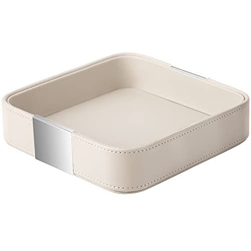 SANZIE Luxury Leather Desktop Storage Small Catchall Organizer Decorative Tray for Entryway Table to Hold Jewelry Watch Cosmetics Keys Phone Wallet, Home & Office Accessories (Metal Silvered, Grey) - Image 1