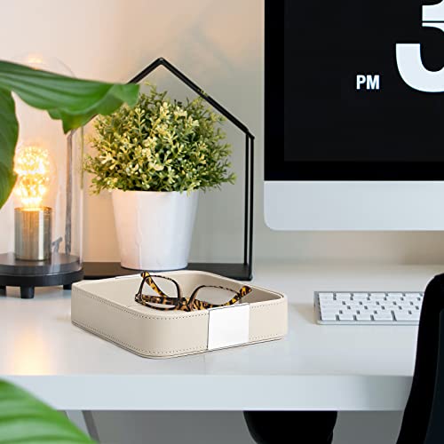 SANZIE Luxury Leather Desktop Storage Small Catchall Organizer Decorative Tray for Entryway Table to Hold Jewelry Watch Cosmetics Keys Phone Wallet, Home & Office Accessories (Metal Silvered, Grey) - Image 2
