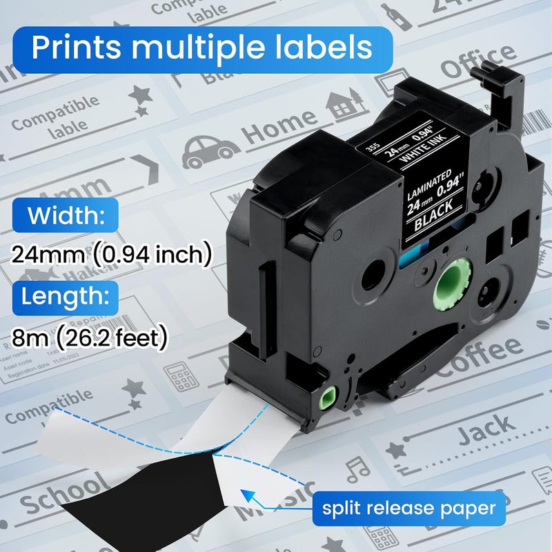 Label KINGDOM TZe-355 24mm Black Label Tape Replacement for Brother TZe355 1 Inch White on Black TZe 0.94 Compatible with Brother P Touch 24mm Tape for PTD600 PTP710BT PTP700 PT2730, 3-Pack - Image 4