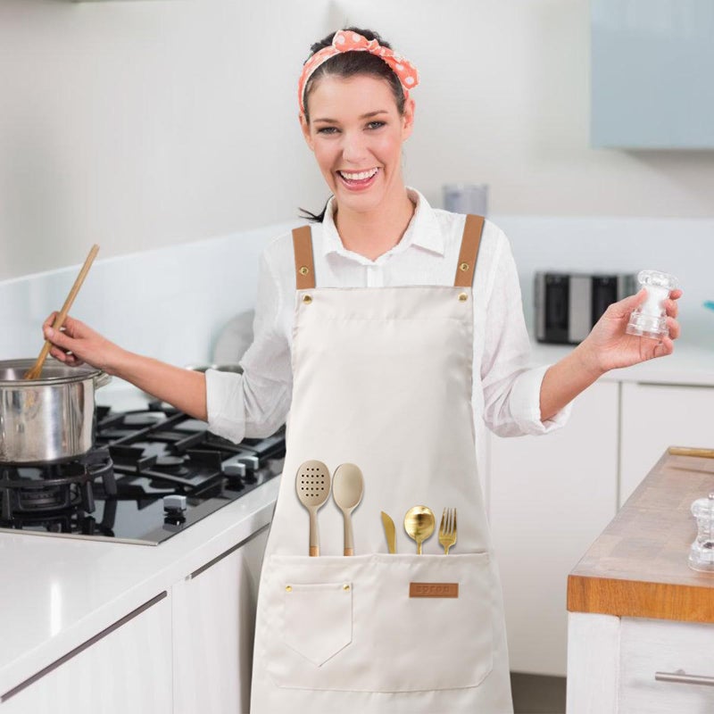 DILLMAN Art Aprons for Men Women Painting Pottery Baking, H Back Straps Waterdrop Kitchen Chef Cooking Apron with Pockets (White) - Image 2