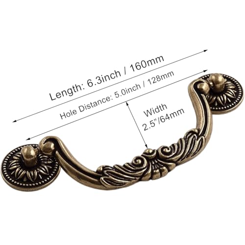 ESreake 6PCS Antique Bronze Drop Bail PullsVintage Carved Cabinet Pulls Handles50 Hole Centers Retro Drawer KnobsTexture on Handle for Drawer Dresser Closet with Screws Large 5 Hole Centers - Image 3