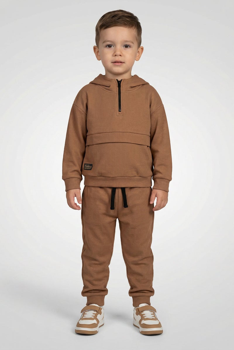 Fudo Toddlers Boy 2 Pieces Brand Logo Hoodie And Jogger, Brown - Image 1