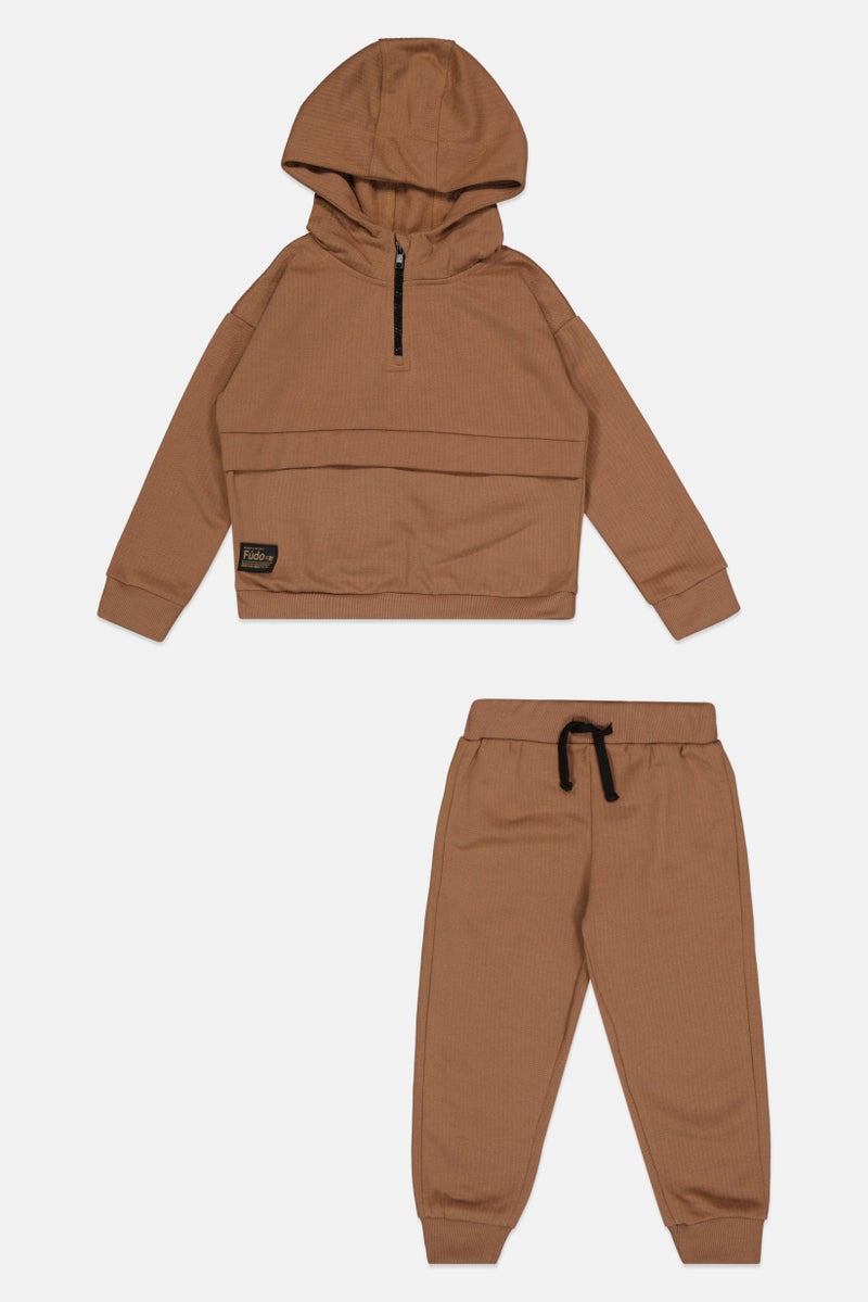 Fudo Toddlers Boy 2 Pieces Brand Logo Hoodie And Jogger, Brown - Image 2