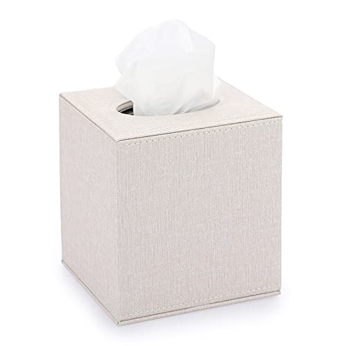 Sumnacon Square Linen Tissue Box Cover - Stylish Cube Tissue Box Holder with Magnetic Bottom, Decorative Tissue Box for Vanity Toilet Tank Dresser Night Stand Table Countertop Office Car, Beige - Image 1