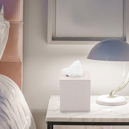 Sumnacon Square Linen Tissue Box Cover - Stylish Cube Tissue Box Holder with Magnetic Bottom, Decorative Tissue Box for Vanity Toilet Tank Dresser Night Stand Table Countertop Office Car, Beige - Image 3