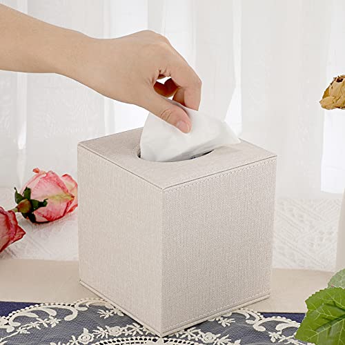 Sumnacon Square Linen Tissue Box Cover - Stylish Cube Tissue Box Holder with Magnetic Bottom, Decorative Tissue Box for Vanity Toilet Tank Dresser Night Stand Table Countertop Office Car, Beige - Image 2