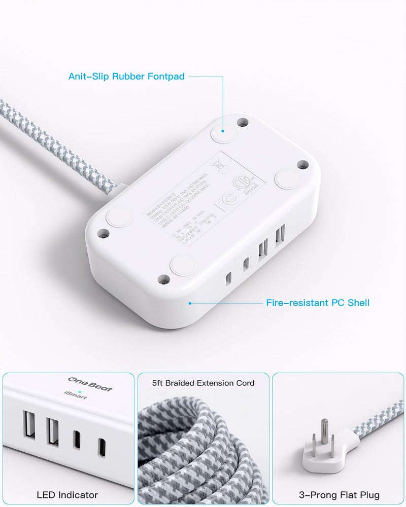 One Beat 1 Pack Cruise Essentials,5 Ft Flat Extension Cord, 3 Outlets 4 USB Ports(2 USB C) Flat Plug Power Strip,USB Charging Station with Non Surge Protector for Cruise Ship,Travel,Dorm Essentials - Image 4