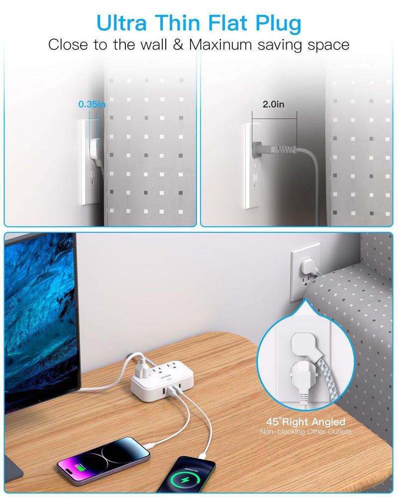 One Beat 1 Pack Cruise Essentials,5 Ft Flat Extension Cord, 3 Outlets 4 USB Ports(2 USB C) Flat Plug Power Strip,USB Charging Station with Non Surge Protector for Cruise Ship,Travel,Dorm Essentials - Image 2