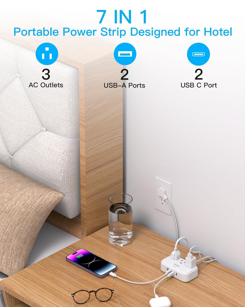 One Beat 1 Pack Cruise Essentials,5 Ft Flat Extension Cord, 3 Outlets 4 USB Ports(2 USB C) Flat Plug Power Strip,USB Charging Station with Non Surge Protector for Cruise Ship,Travel,Dorm Essentials - Image 3