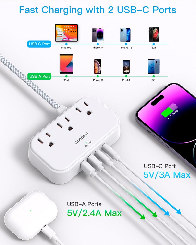 One Beat 1 Pack Cruise Essentials,5 Ft Flat Extension Cord, 3 Outlets 4 USB Ports(2 USB C) Flat Plug Power Strip,USB Charging Station with Non Surge Protector for Cruise Ship,Travel,Dorm Essentials - Image 5