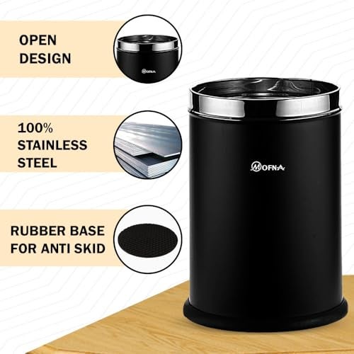 mofna Stainless Steel Open Type Solid Dustbin Without Lid - Recycle Bin, Trash Can, Paper Bin - Modern and Durable Waste Management Solution (8x12 Inch, 10 Liter, Black) - Image 3