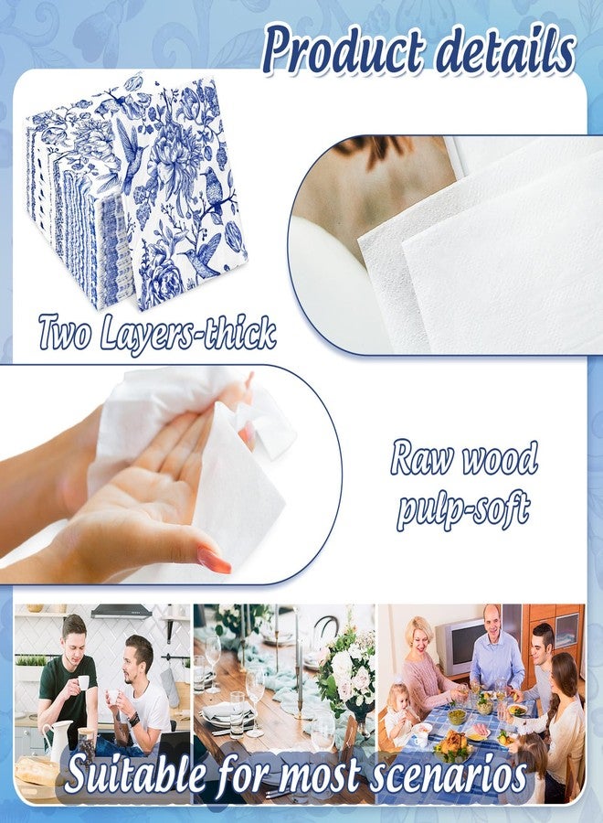 JarThenaAMCS 50Pcs Floral Bird Cocktail Paper Napkin Blue and White Disposable Napkin Vintage Flower Beverage Napkin for Spring Summer Birthday Party Table Decor Supplies - Image 3