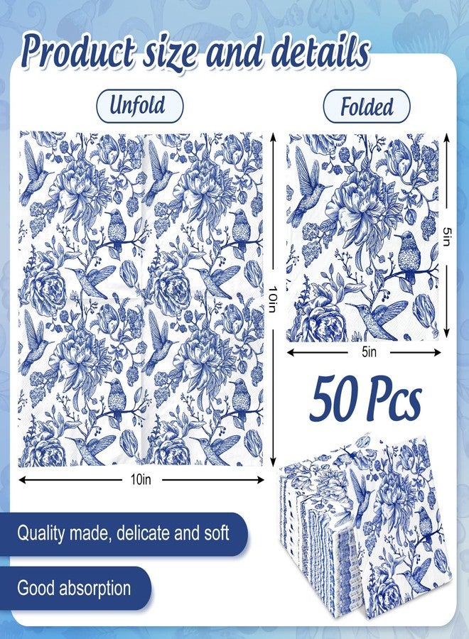 JarThenaAMCS 50Pcs Floral Bird Cocktail Paper Napkin Blue and White Disposable Napkin Vintage Flower Beverage Napkin for Spring Summer Birthday Party Table Decor Supplies - Image 2