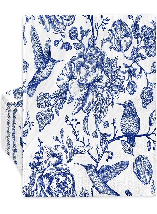 JarThenaAMCS 50Pcs Floral Bird Cocktail Paper Napkin Blue and White Disposable Napkin Vintage Flower Beverage Napkin for Spring Summer Birthday Party Table Decor Supplies - Image 1