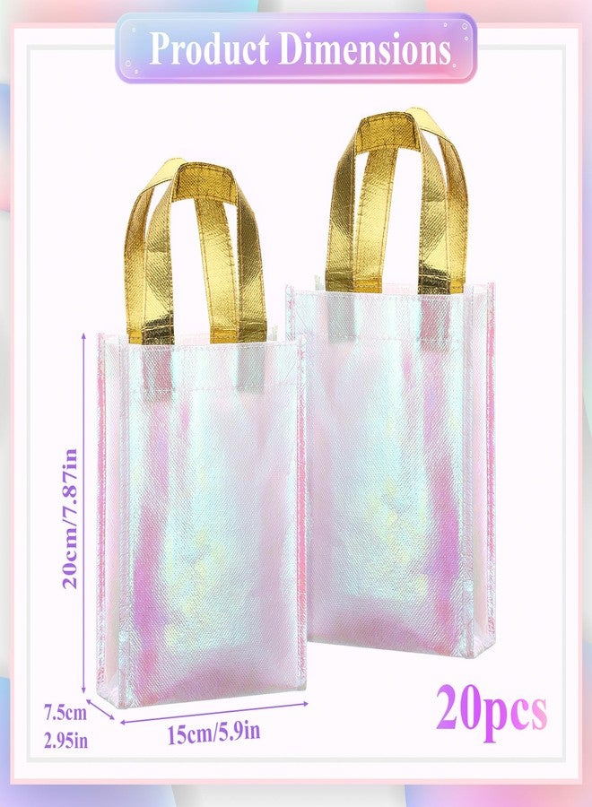 Xosjska 20 Pieces Iridescent Gift Bags Bulk Glossy Reusable Grocery Bag Holographic Gift Bags Pink Non Woven Tote Bag with Handles for Shopping Birthday Party Wedding(6 x 3 x 8 Inch, Pink) - Image 2