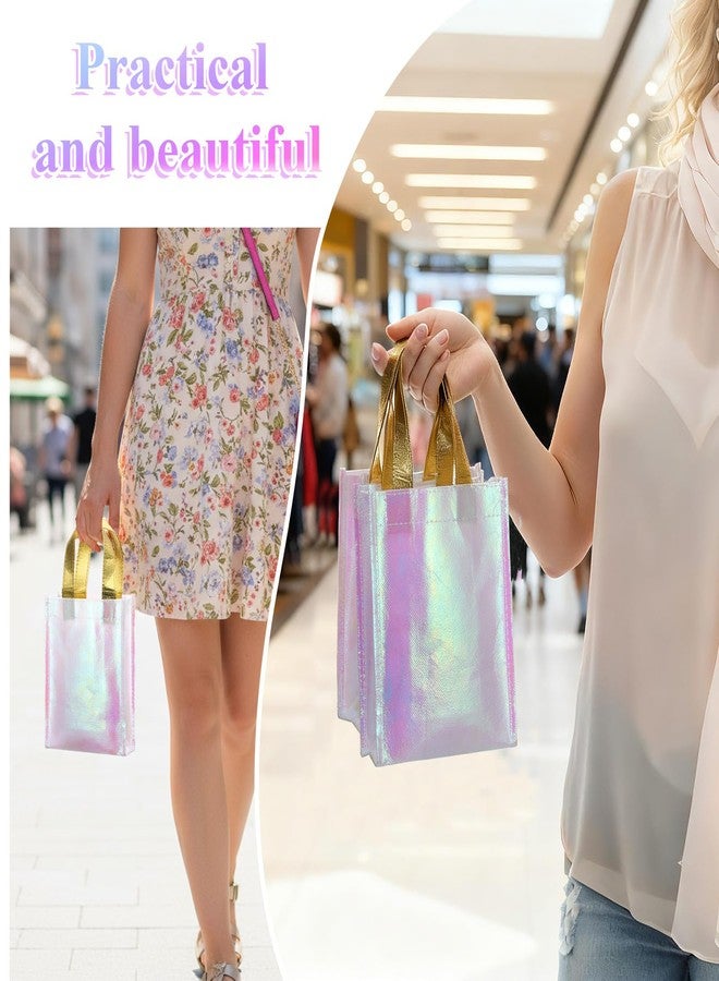 Xosjska 20 Pieces Iridescent Gift Bags Bulk Glossy Reusable Grocery Bag Holographic Gift Bags Pink Non Woven Tote Bag with Handles for Shopping Birthday Party Wedding(6 x 3 x 8 Inch, Pink) - Image 4