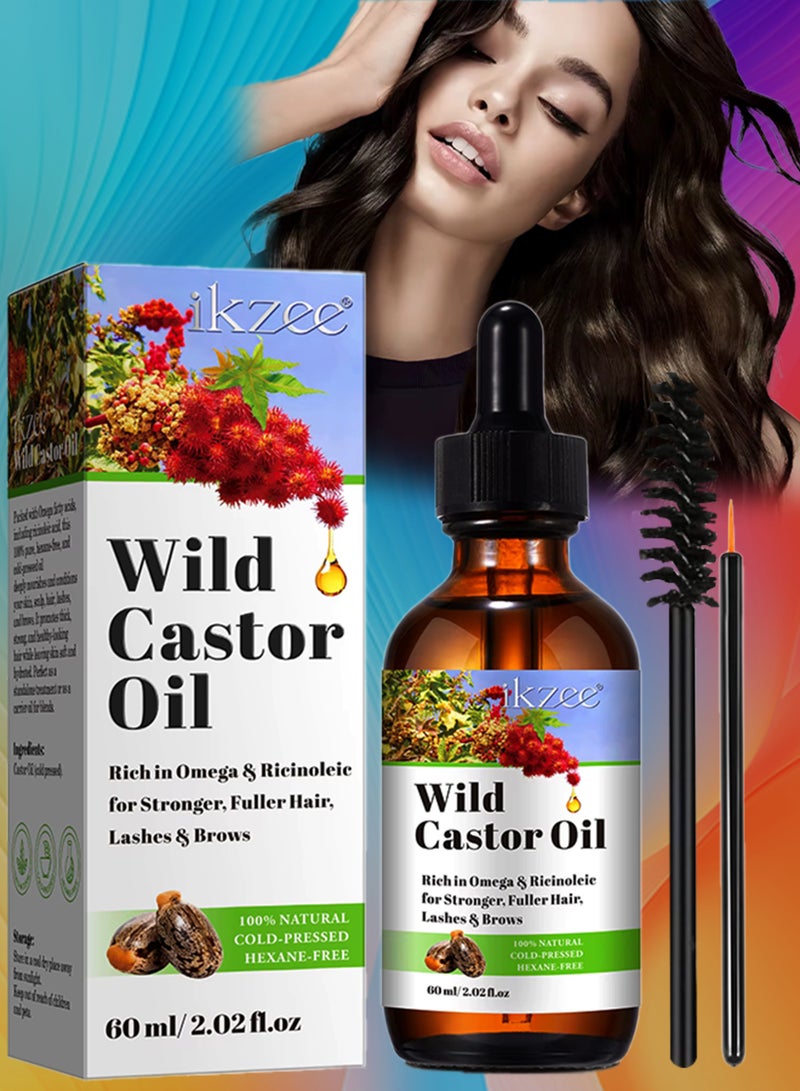 IKZEE 60ml Wild Castor Oil for Hair Growth Organic Castor Essential Oil Rich in Omega and Ricinoleic Acid for Stronger Hair Lash and Brow Castor Serum for Hair Beard Eyelash Eyebrow Growth and Nails Care Hair Serum Castor Oil Hair Growth Serum Hair Oil  - Image 1