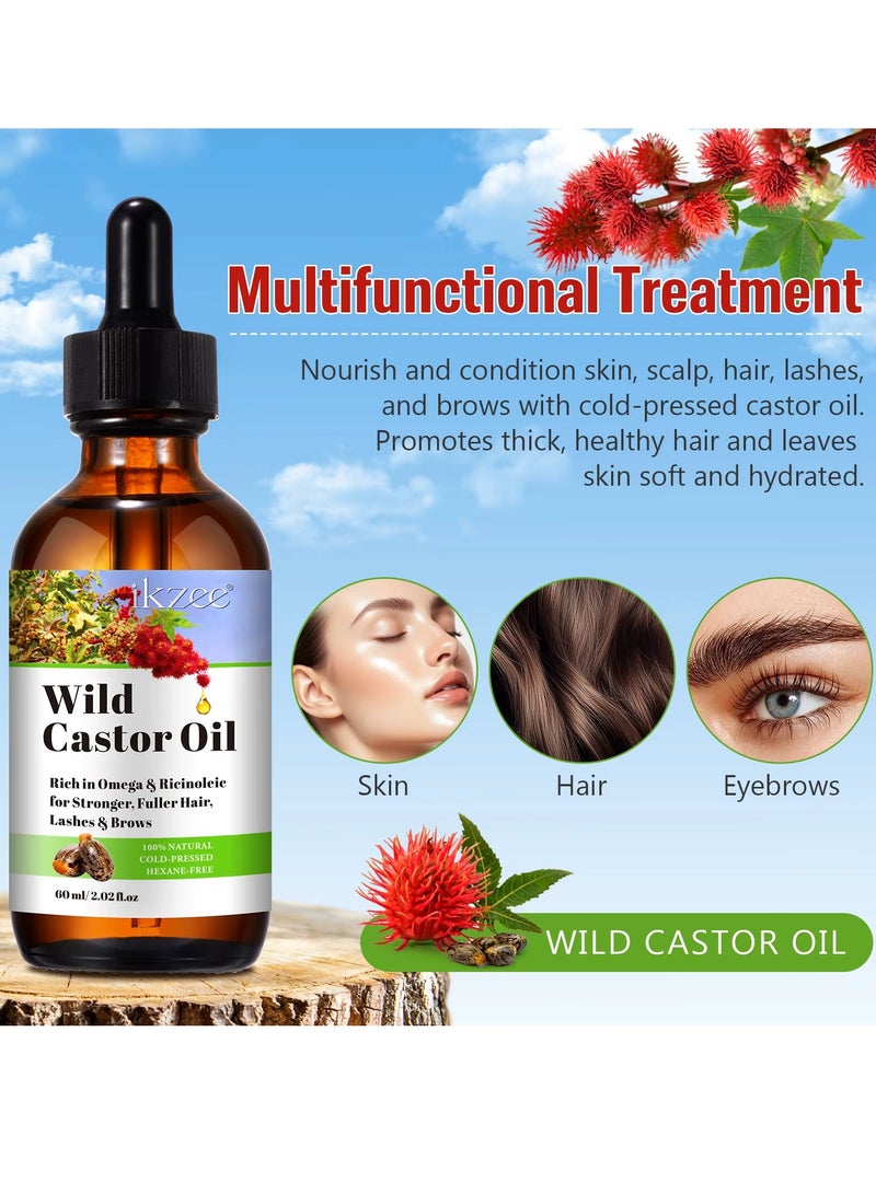 IKZEE 60ml Wild Castor Oil for Hair Growth Organic Castor Essential Oil Rich in Omega and Ricinoleic Acid for Stronger Hair Lash and Brow Castor Serum for Hair Beard Eyelash Eyebrow Growth and Nails Care Hair Serum Castor Oil Hair Growth Serum Hair Oil  - Image 2